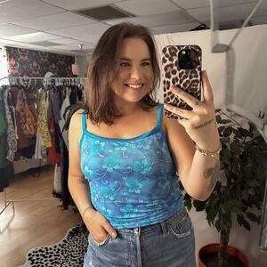 Y2k Hawaiian Tropical Floral Scoop Neck Padded Cami Top Blue